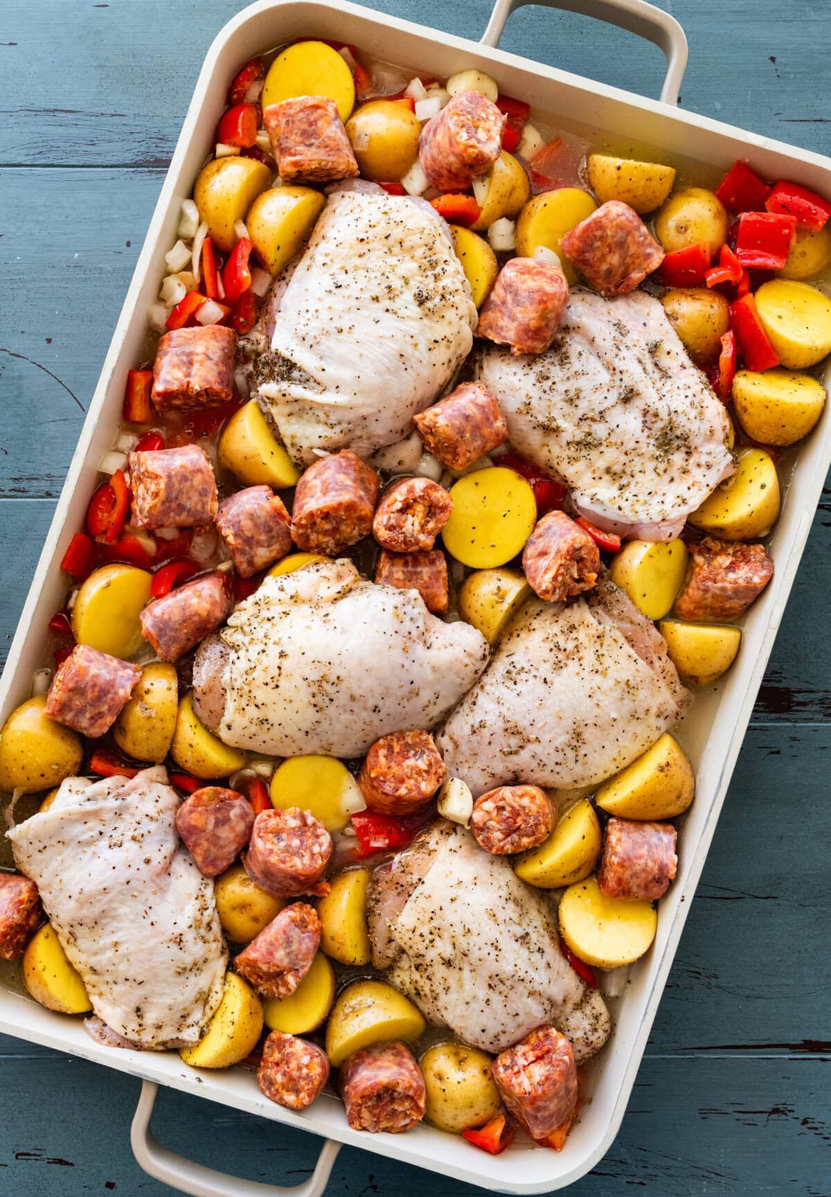 Raw ingredients assembled in a baking dish.