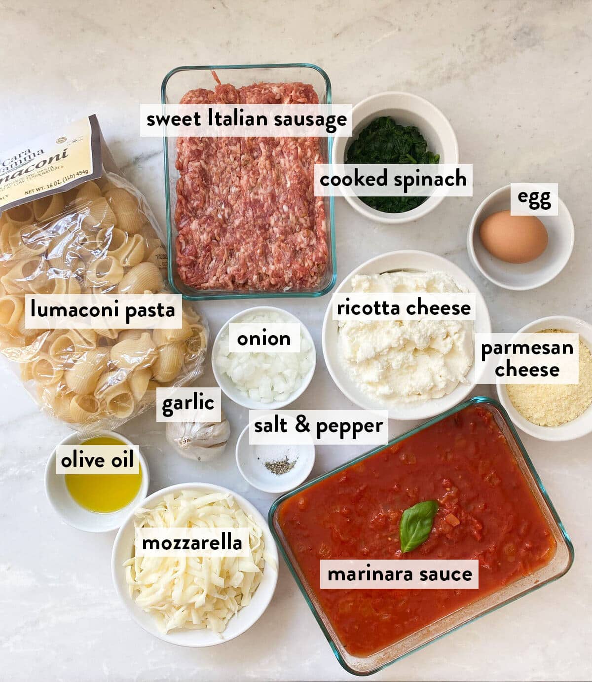 bowls of ingredients for stuffed pasta.
