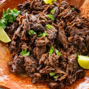 Shredded beef barbacoa on a large dish with garnish.