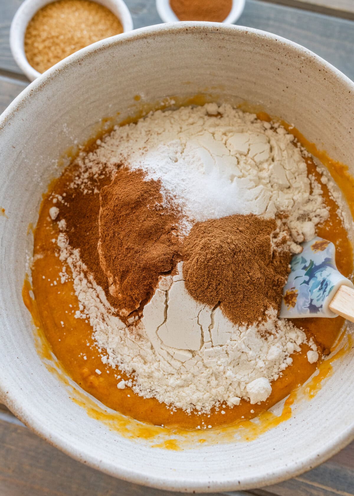 Dry ingredients added to the bowl of batter.