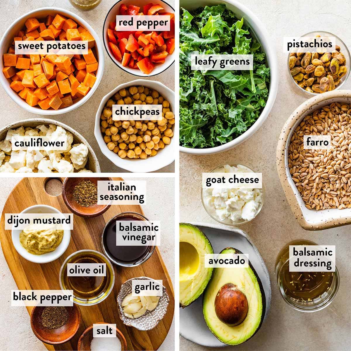 bowls of ingredients for a roasted veggie grain bowl on a white countertop.