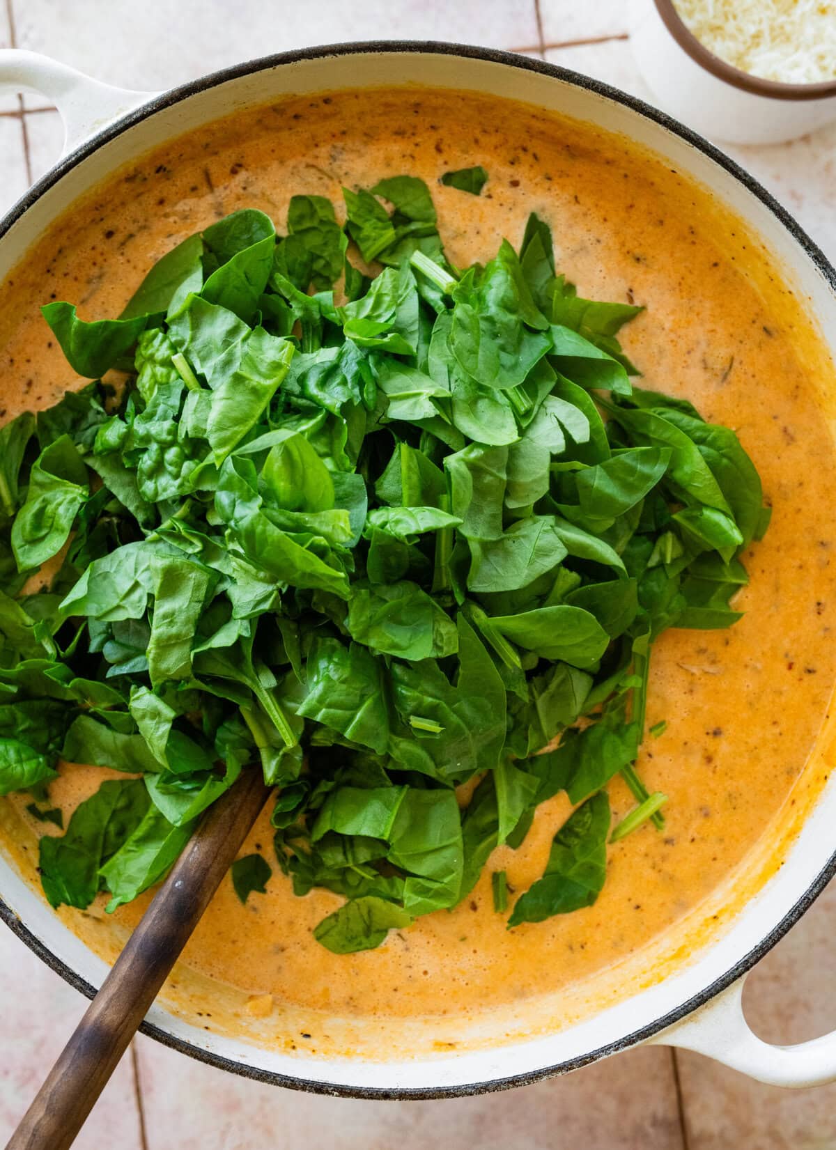 Spinach added to the pot.