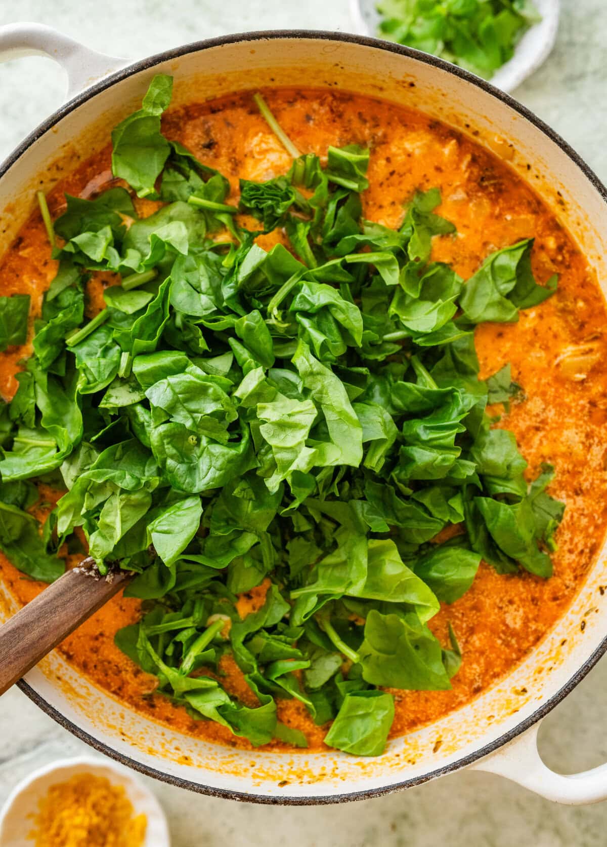 Spinach added to the pot.